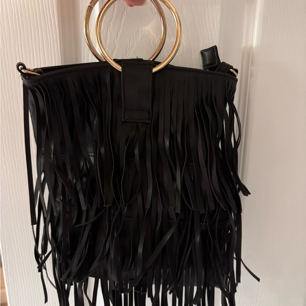Black Fringe Handbag with Gold Accents